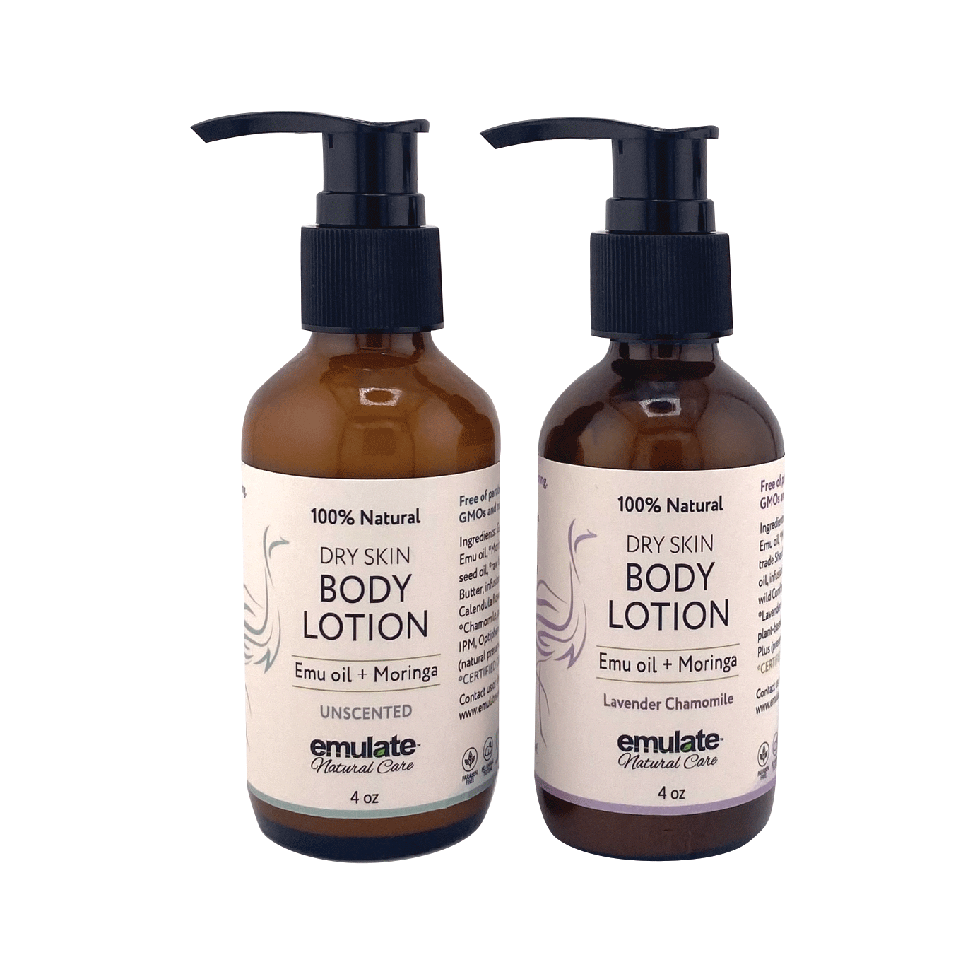 Pumpable Dry Skin Body Lotion for Dry Skin with Emu oil + Moringa oil with healing herbal infusion. 4 oz. - Unscented of Lavender/Chamomile