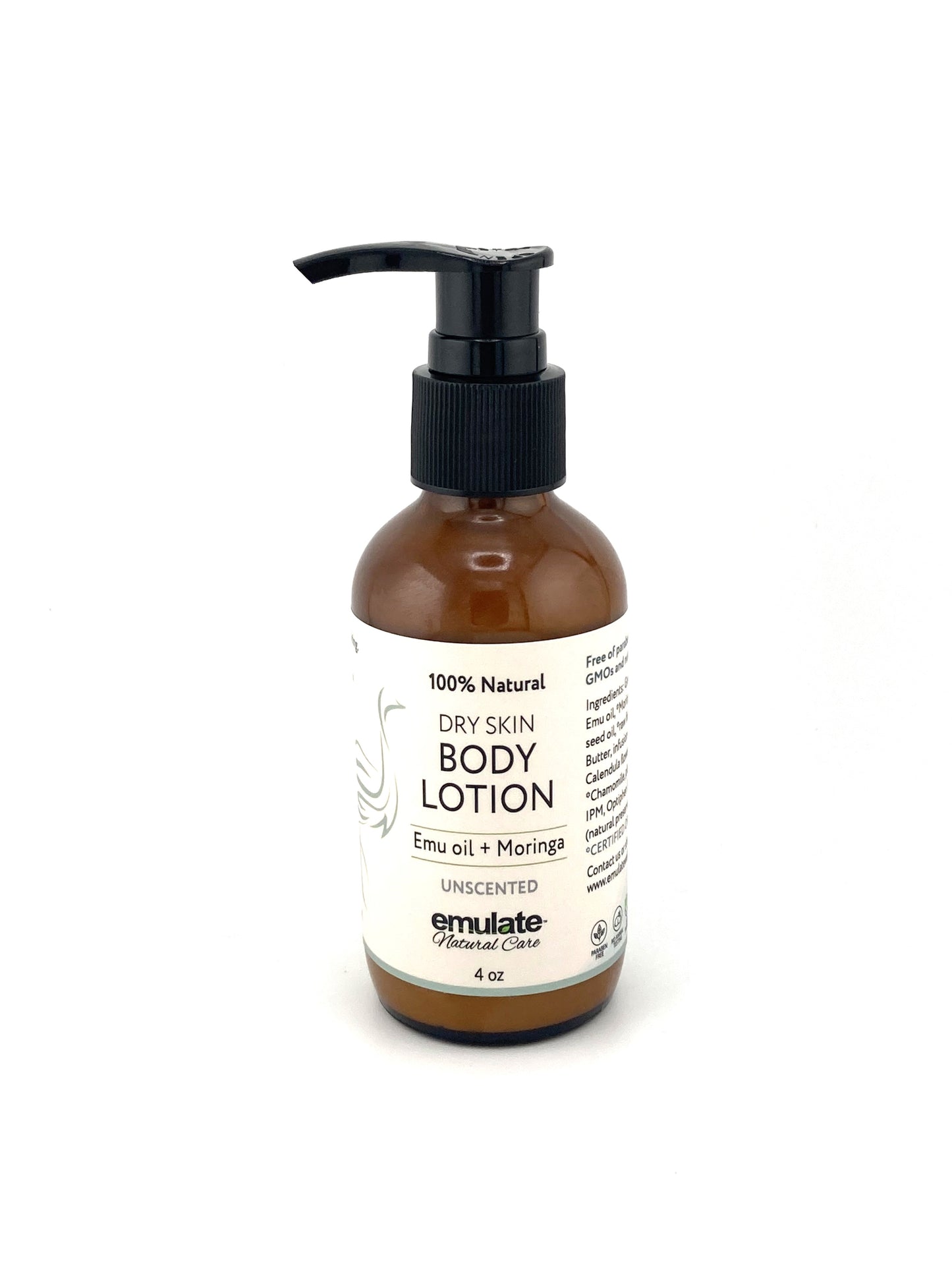 Pumpable Dry Skin Body Lotion for Dry Skin with Emu oil + Moringa oil with healing herbal infusion. 4 oz. - Unscented of Lavender/Chamomile