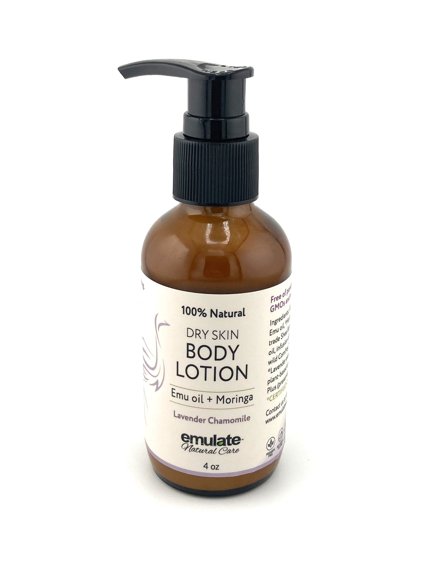 Pumpable Dry Skin Body Lotion for Dry Skin with Emu oil + Moringa oil with healing herbal infusion. 4 oz. - Unscented of Lavender/Chamomile