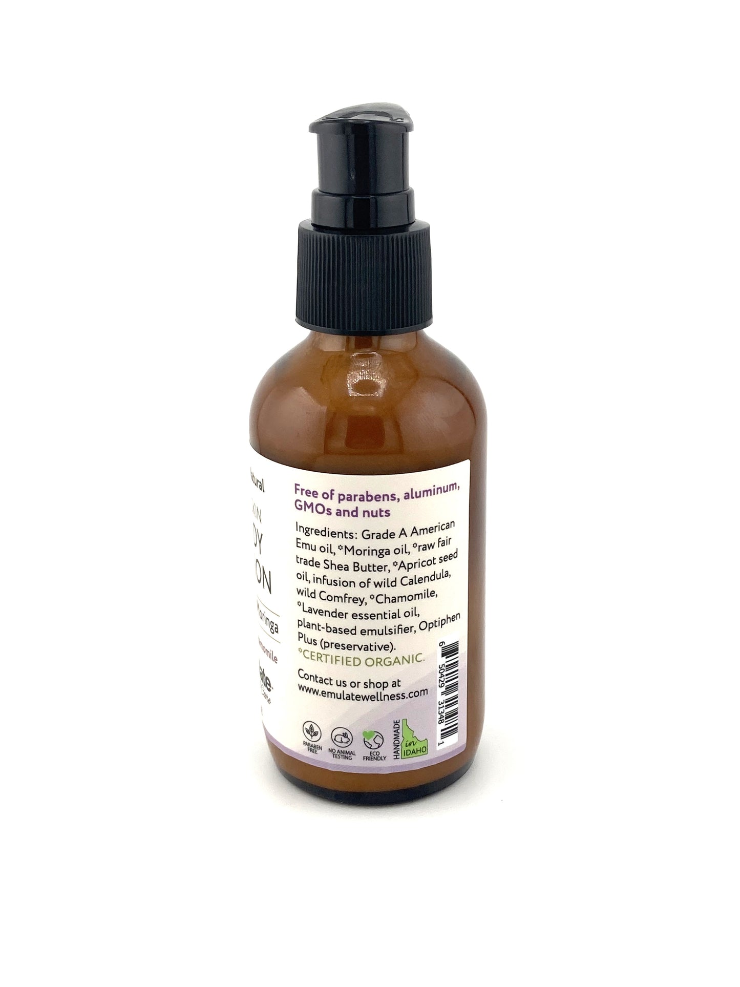 Pumpable Dry Skin Body Lotion for Dry Skin with Emu oil + Moringa oil with healing herbal infusion. 4 oz. - Unscented of Lavender/Chamomile