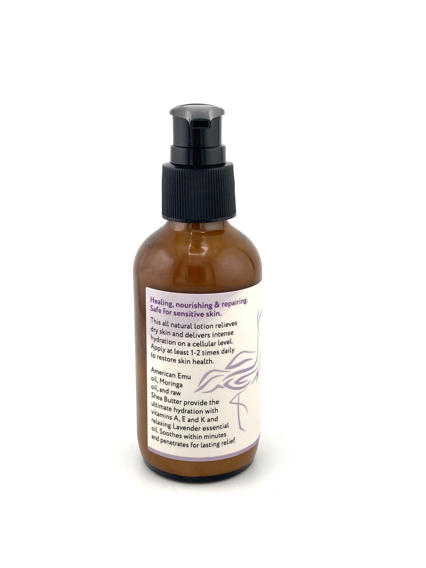 Pumpable Dry Skin Body Lotion for Dry Skin with Emu oil + Moringa oil with healing herbal infusion. 4 oz. - Unscented of Lavender/Chamomile