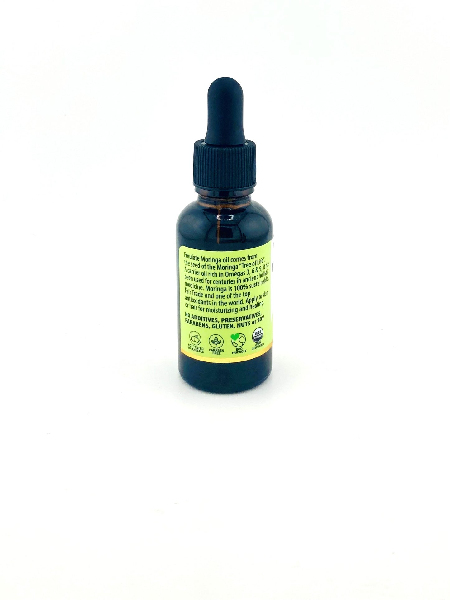 Bottle with dropper labeled 'Moringa' on a white background