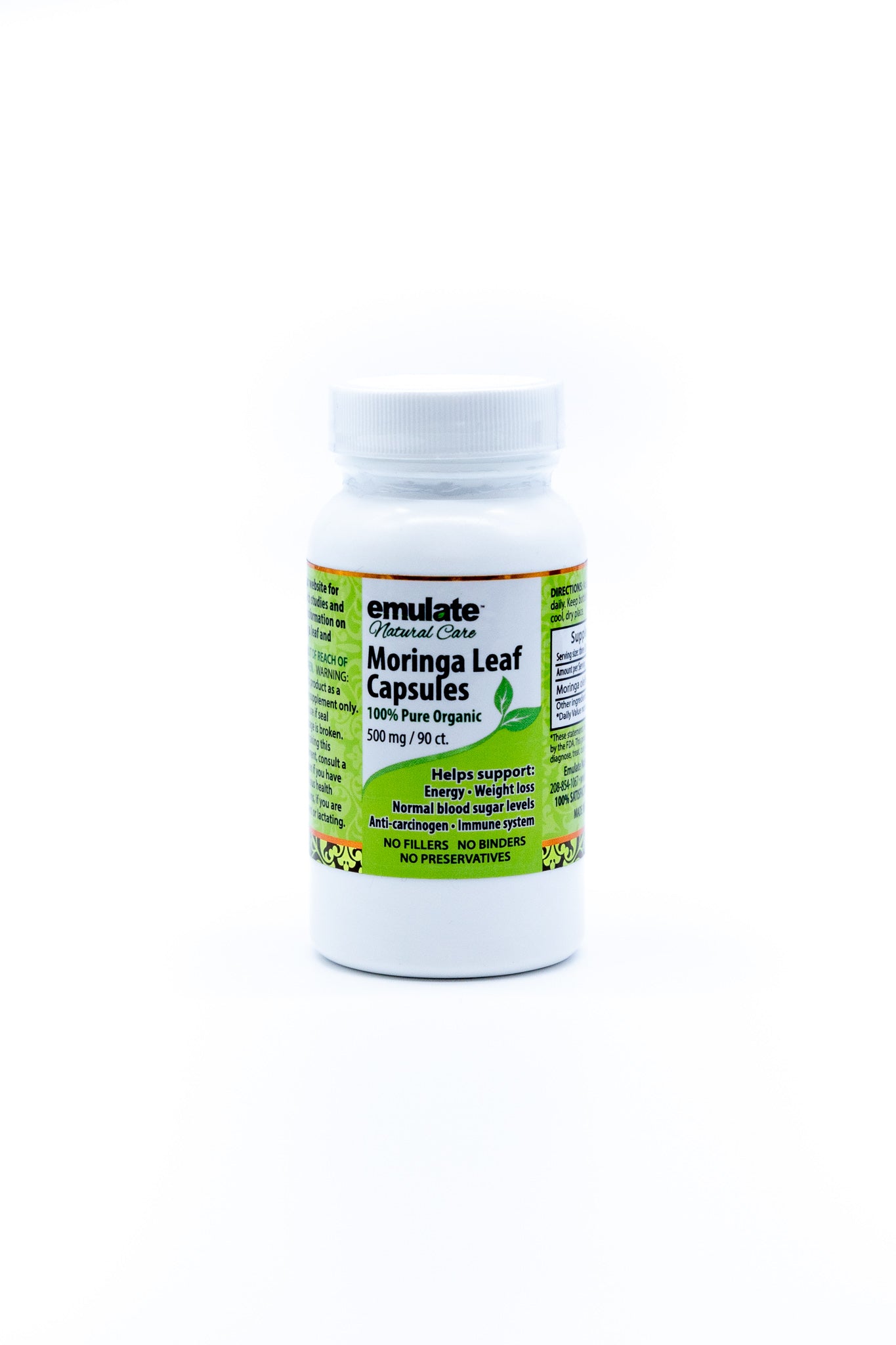 Hundred percent pure organic moringa leaf capsules 500 mg/90 count