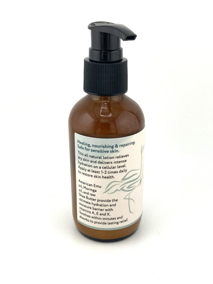 Pumpable Dry Skin Body Lotion for Dry Skin with Emu oil + Moringa oil with healing herbal infusion. 4 oz. - Unscented of Lavender/Chamomile
