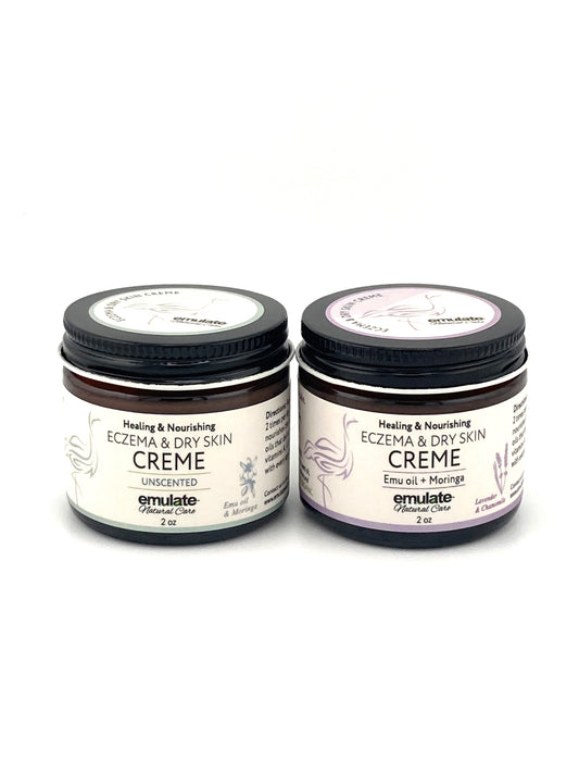 Healing and Nourishing Eczema Dry Skin Crème with Emu oil + Moringa oil – Unscented or Lavender Chamomile 2 oz.