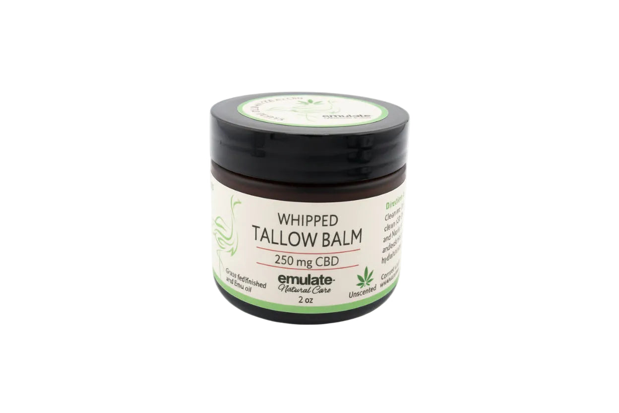 Jar of cbd whipped tallow balm on a white background