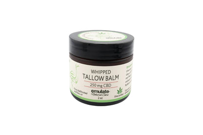 Jar of cbd whipped tallow balm on a white background