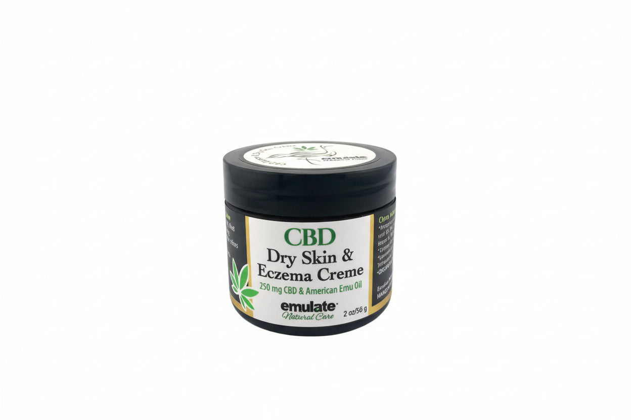Jar of cbd dry skin and eczema cream with a green label on a white background