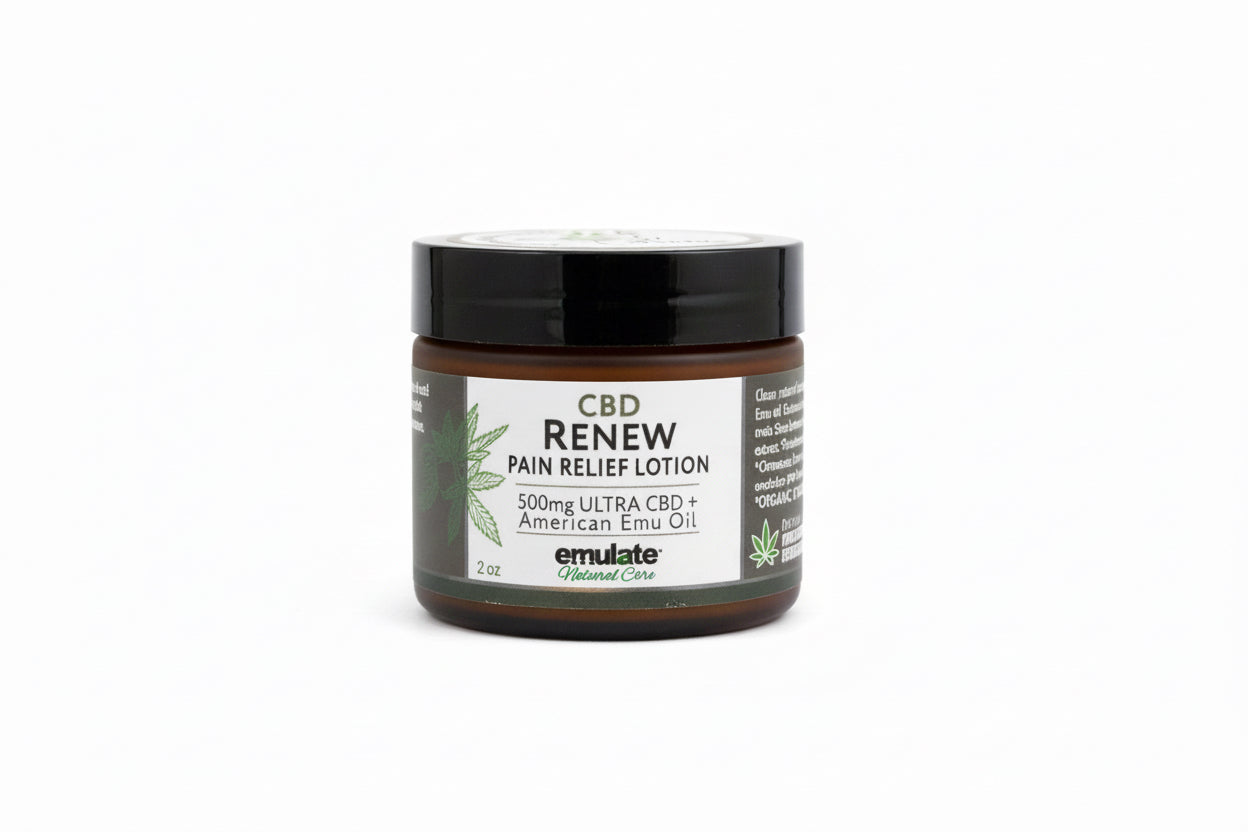 CBD Renew Pain Relief Lotion jar on a white background