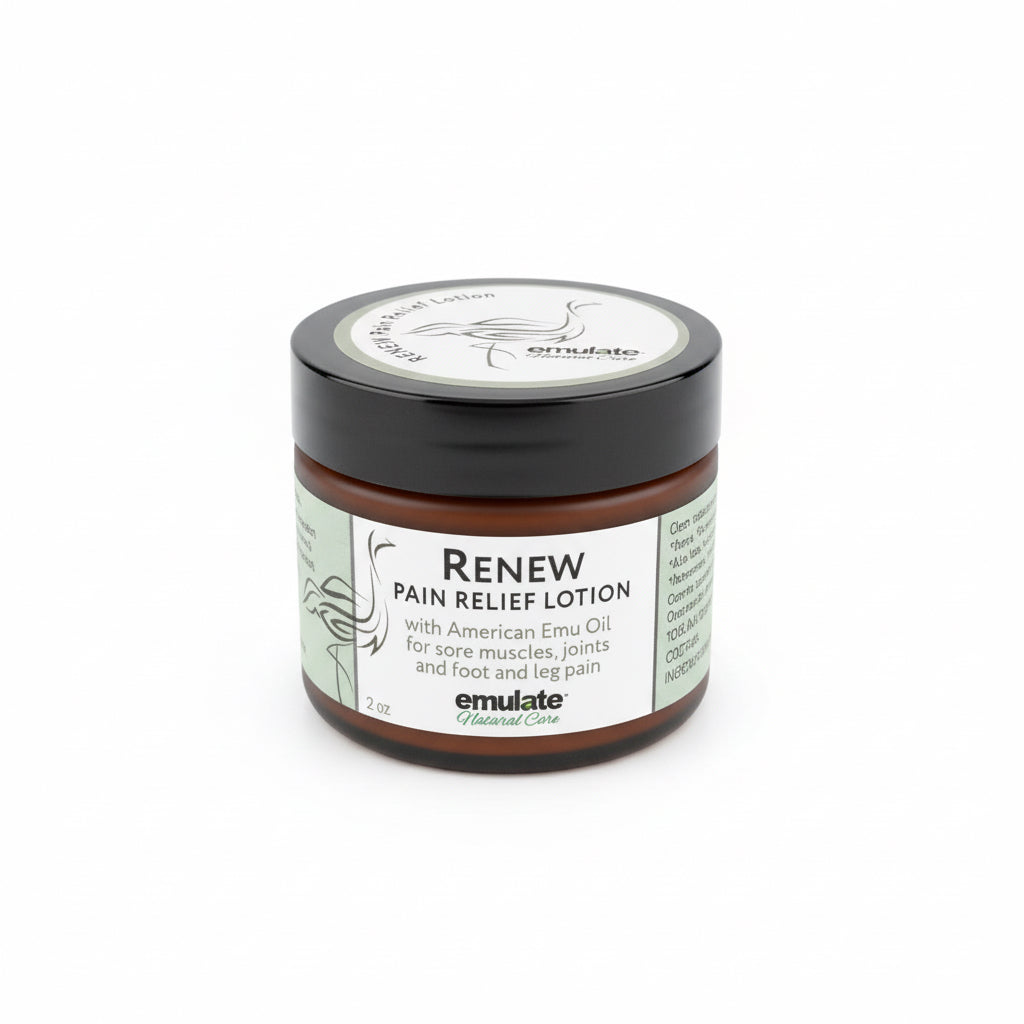 Jar of 'Renew Pain Relief Lotion' by emulatte on a white background
