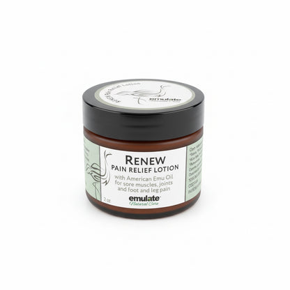 Jar of 'Renew Pain Relief Lotion' by emulatte on a white background