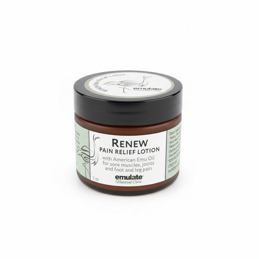 Jar of 'Renew Pain Relief Lotion' by emulatte on a white background