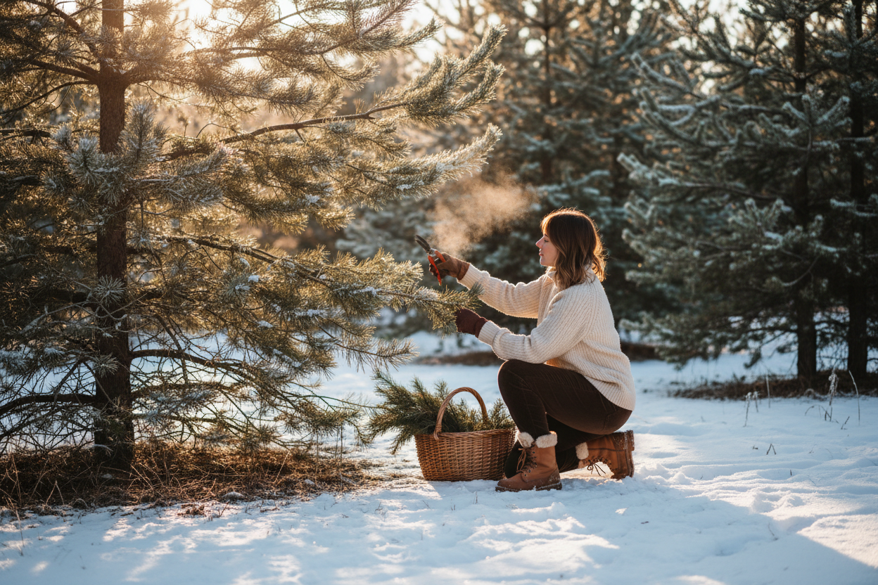 Christmas themed in nature with person harvesting pine 