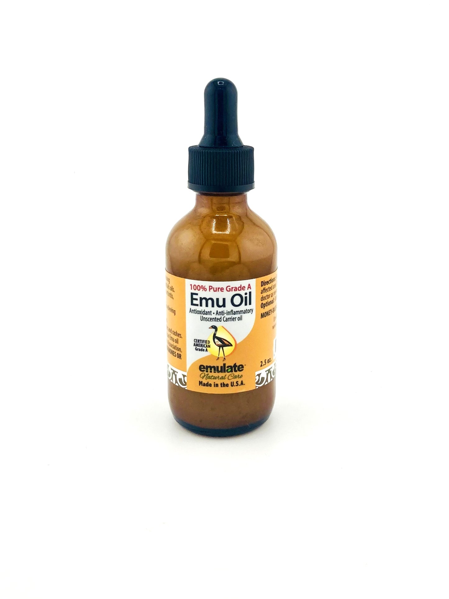 Bottle of Emu Oil with dropper on a white background