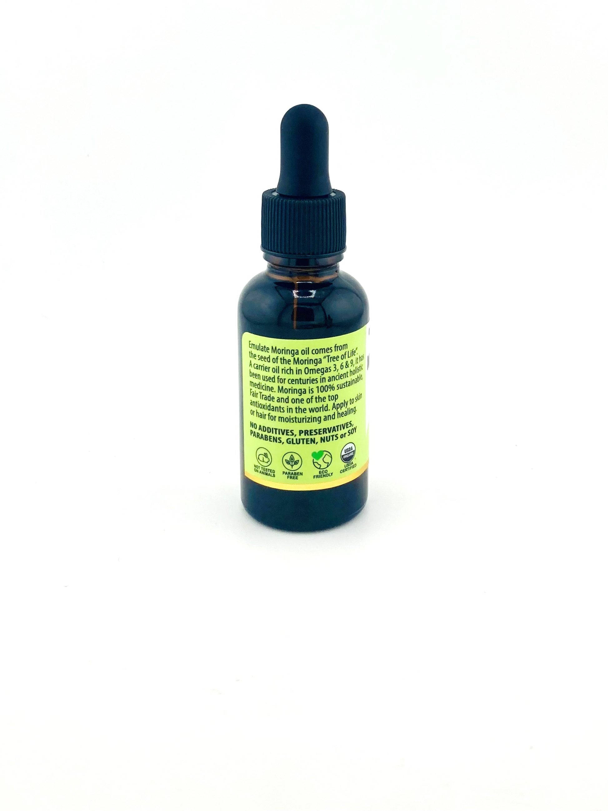 Bottle with dropper labeled 'Moringa' on a white background