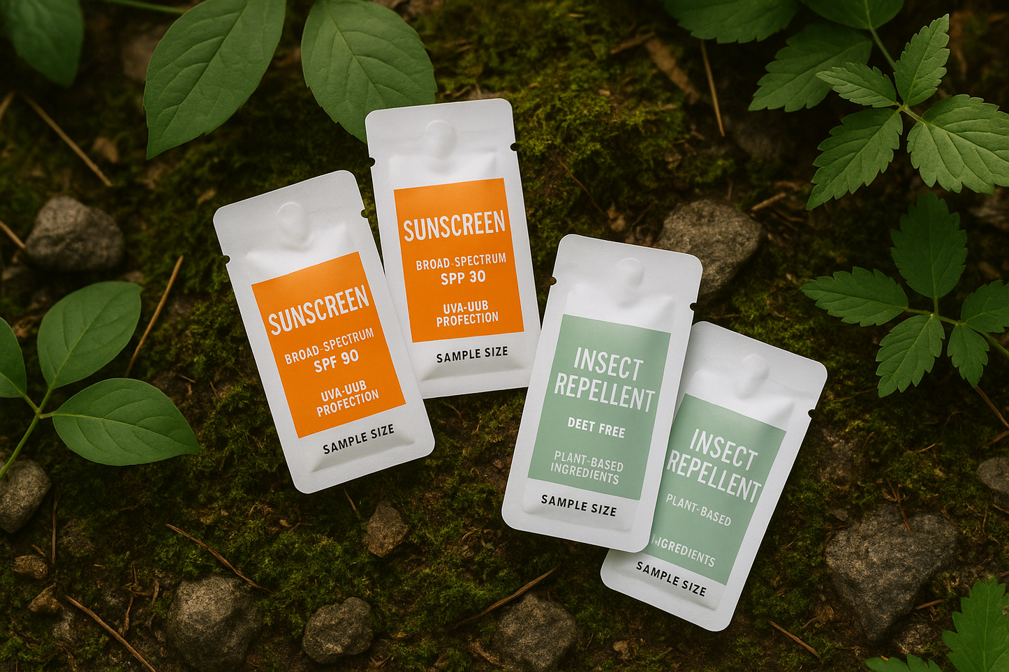 sample pouches sunscreen and repellent with nature backround