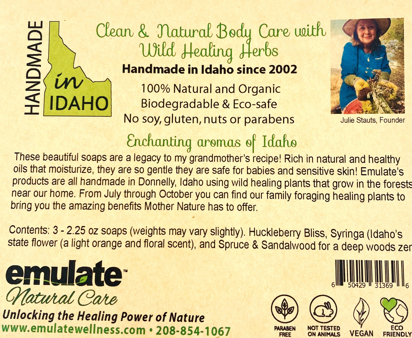 Back label of Emulate Natural Care soap with text and branding details.