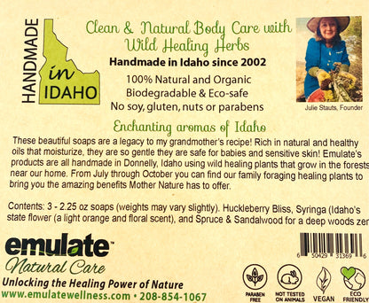 Back label of Emulate Natural Care soap with text and branding details.